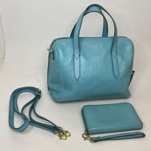 Fossil Leather Satchel Bag Removable Crossbody Strap & Matching Zip Wallet, Blue